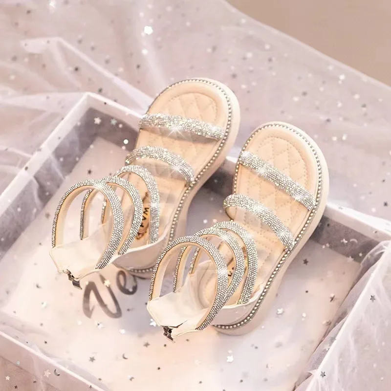 Summer Children‘s Girls Gladiator Sandals Rhinestone Crystal Princess Solf Shoes Non-slip Breathable Fashion Kids Sandals Girls