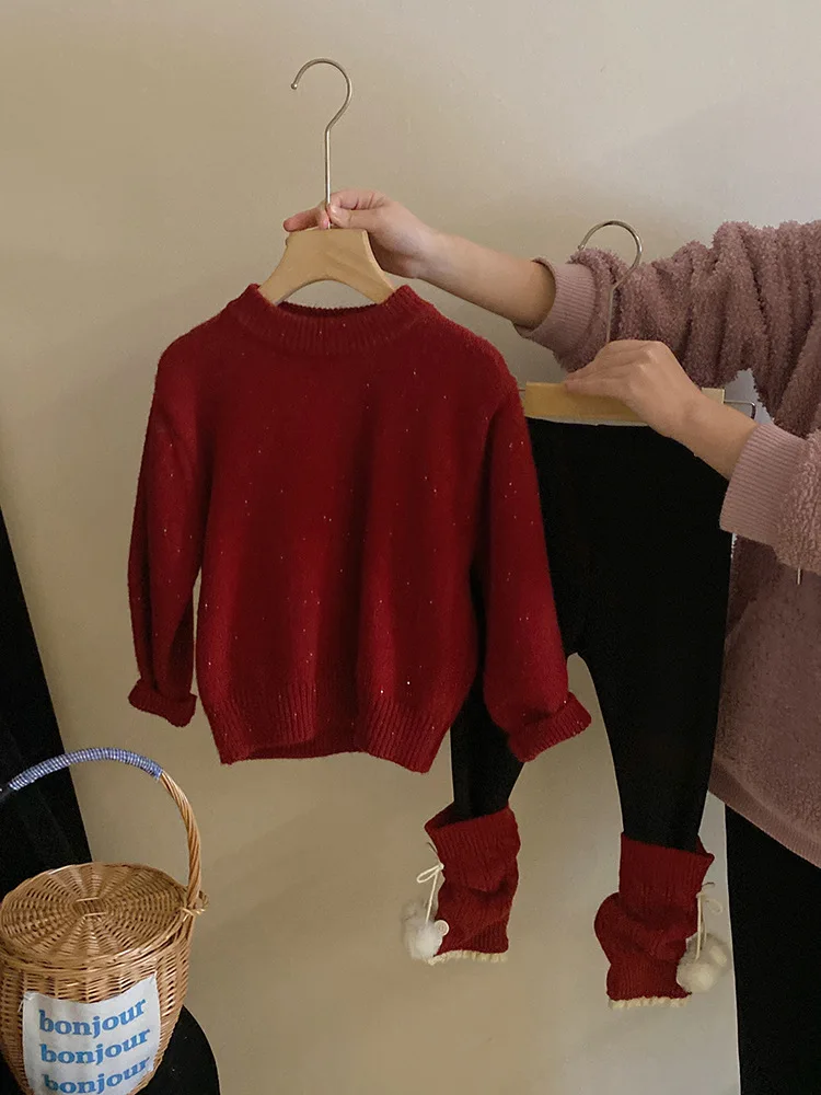 

Girls' Autumn Winter New Fashion Set Shiny Knitted Sweater with Fleece Pom-Pom Patchwork Leggings Trendy
