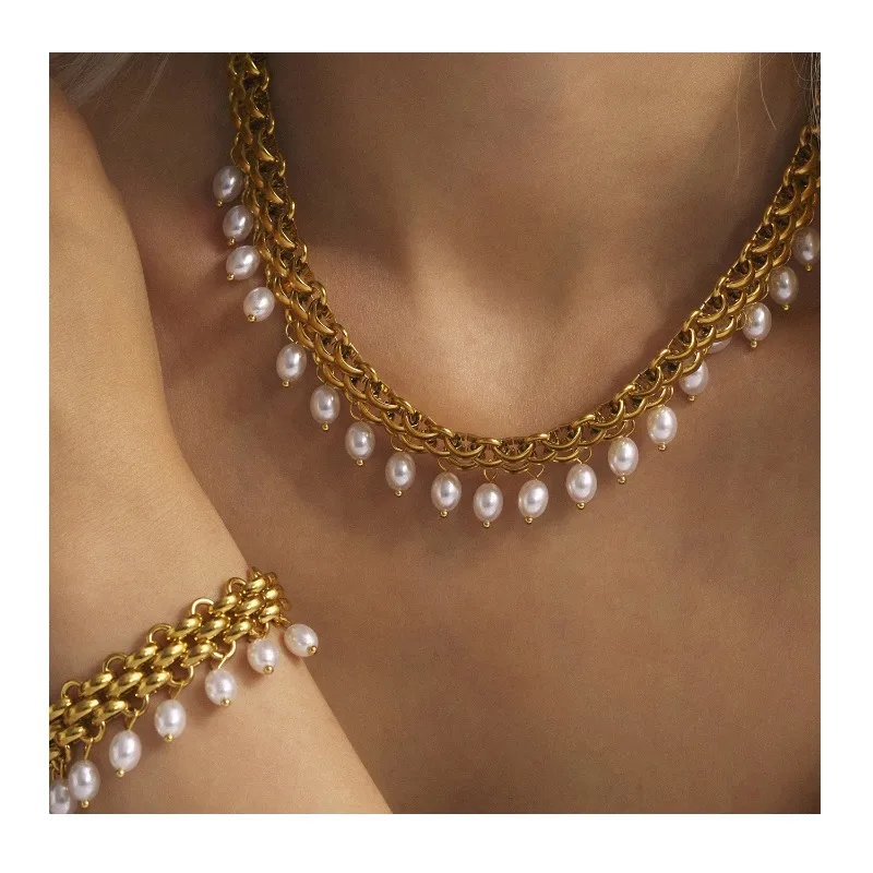 

Niche Stainless Steel Buckle Handmade Chain High-gloss Rice Bead Fringed Necklace Bracelet Set Fashionable Versatile Temperament