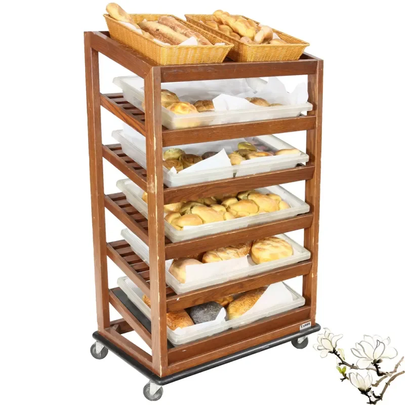 High-quality wooden shelf supermarket display stand, 6-layer bread and food display stand