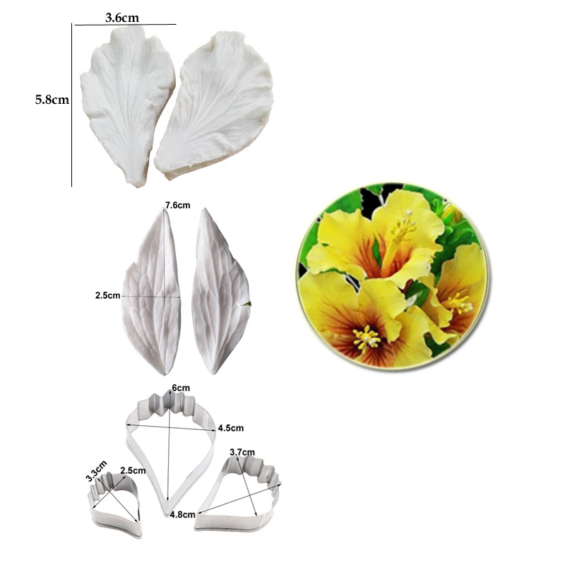 7pcs Hibiscus Veiner Silicone Mold & Flower Cutter Set Cake Decorating Fondant Impression Flower Mold Sugarcraft Cake Mold M290