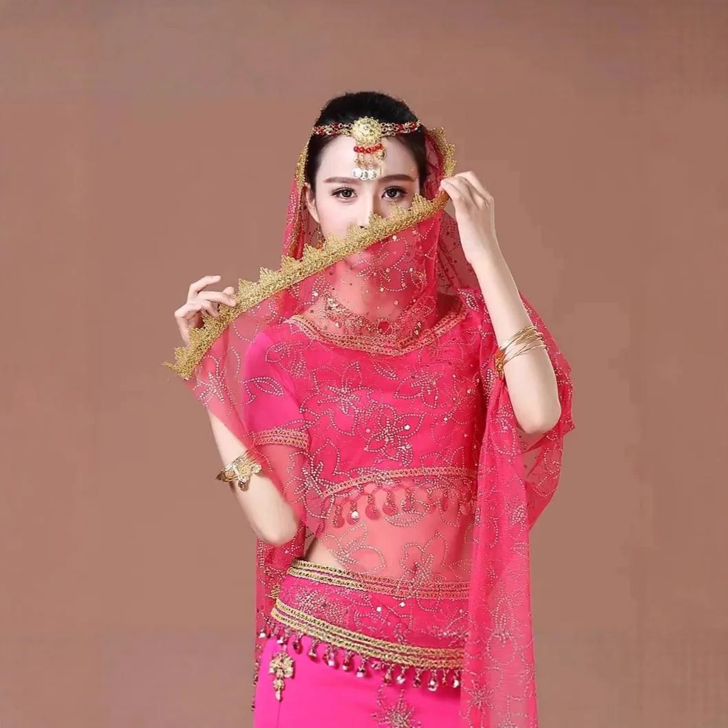 Factory direct sales new gold powder crown scarf Indian dance performance clothes veil belly dance pattern veil female adult