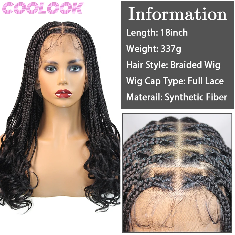 Synthetic Knotless Full Lace Box Braids Wig 18inch Lace Frontal Braid Wig with Curly Ends Distressed Cornrow Crochet Braided Wig