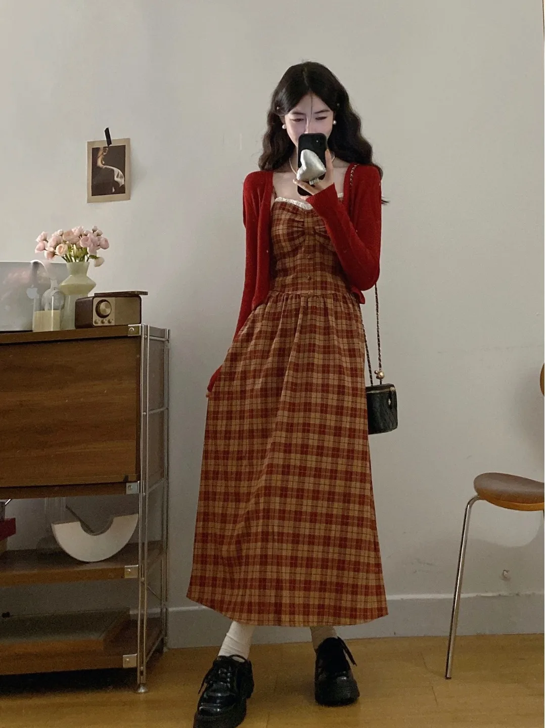 

plus Size Women's Vintage Waist-Cinching Plaid ter Dr Set Red Open Cardigan Top Long Sve High Waist A-line Skirt