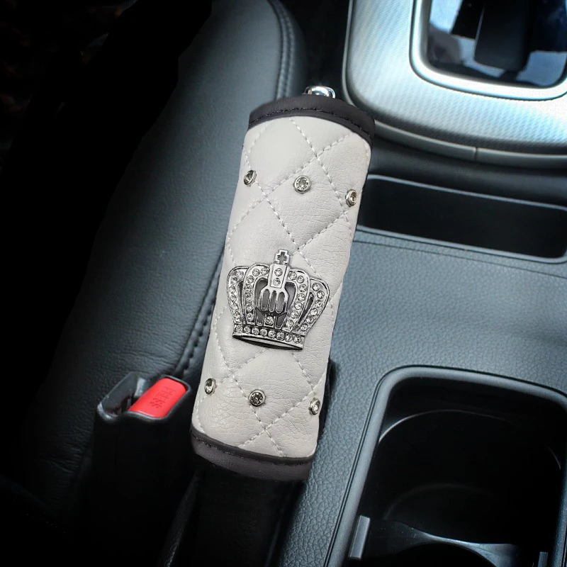 1pc Diamond Crown Car Gear Shift Cover PU Leather Auto Hand Brake Case For Universal Car Interior Accessories White