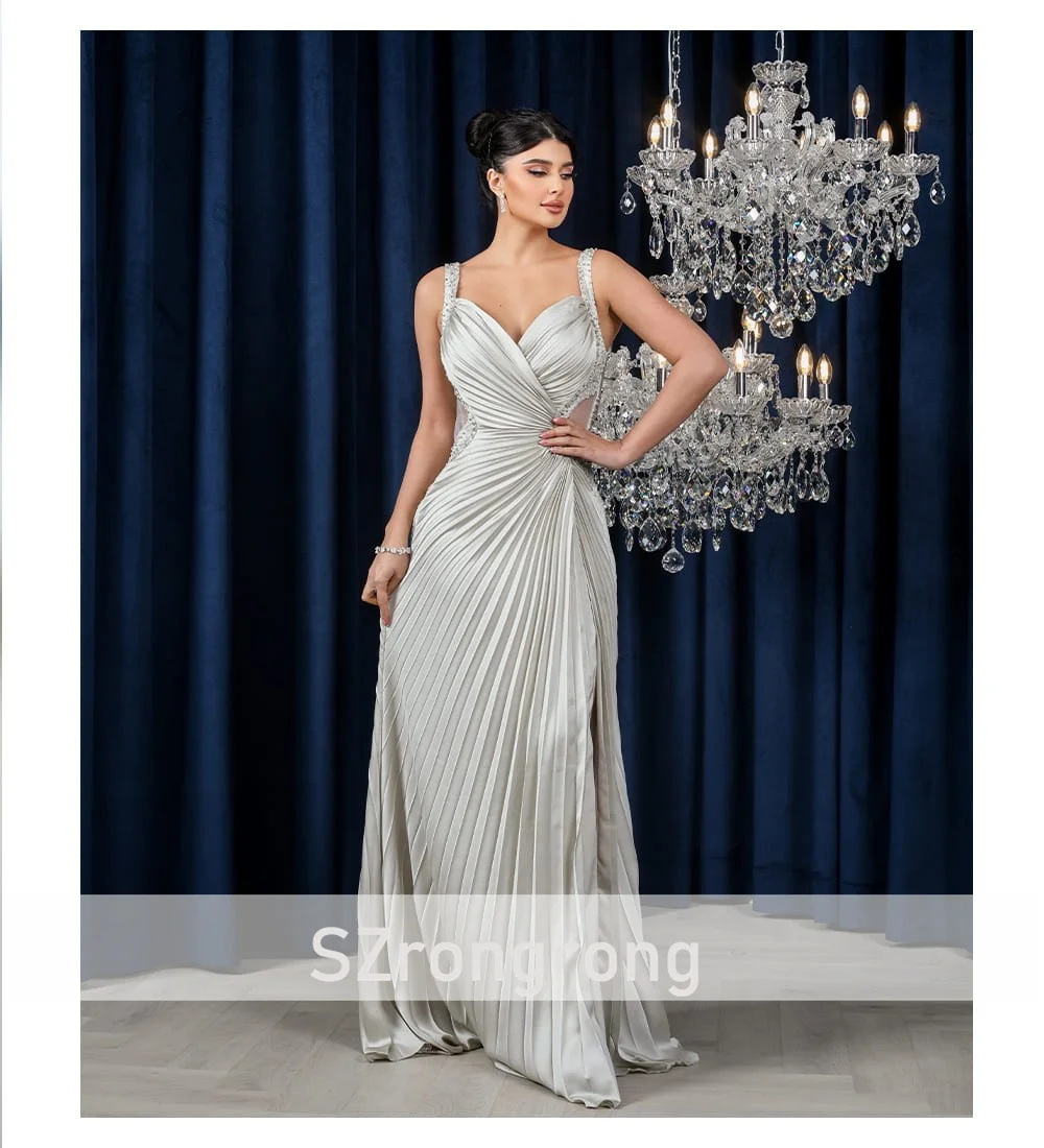 Robe de soirée plissée en Satin, bretelles Spaghetti personnalisées, longueur au sol, dos nu, robe de bal en cristal perlé avec cour