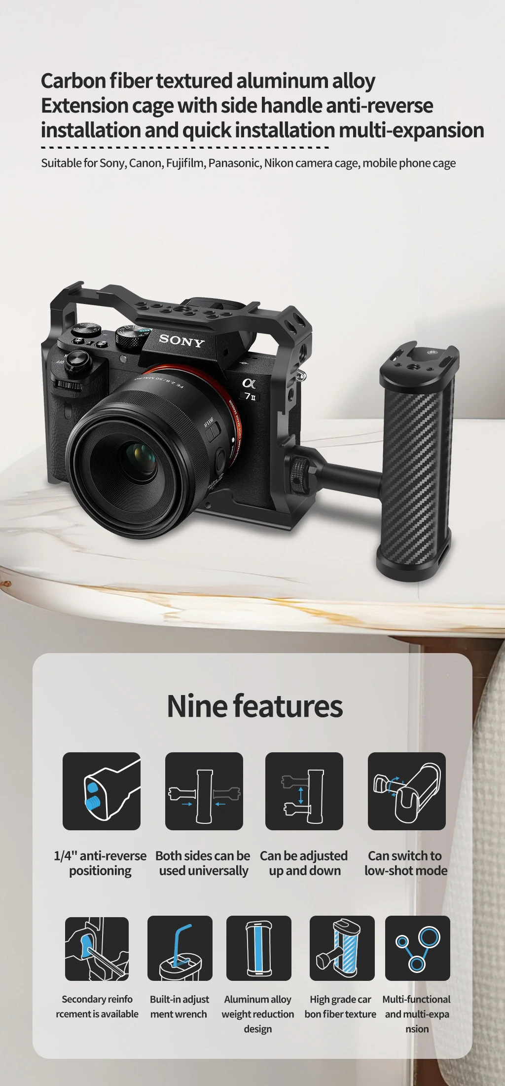 Universeller rechter und linker Seitengriff für Kamerakäfig-Handgriff mit Kaltschuhhalterung für Mikrofon-Videoleuchte für Sony für Canon Nikon – Detail 4