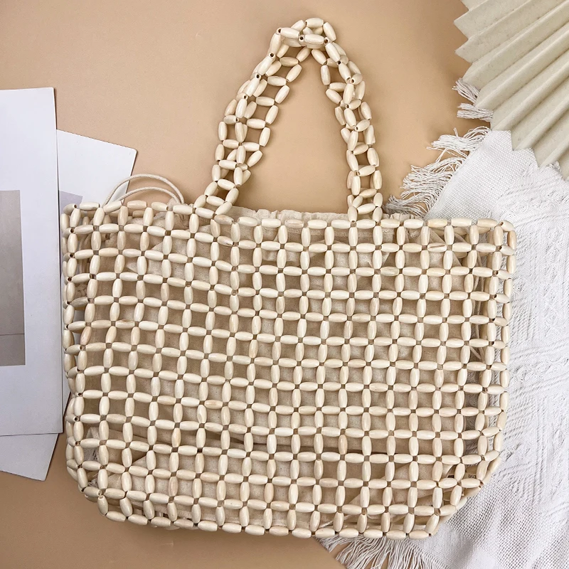 New Cross-Border Women's Handbags, Tote Bags, Underarm Bags, Wholesale Knitted Bags, Handmade Wooden Bead Bags, Handcrafted Bead