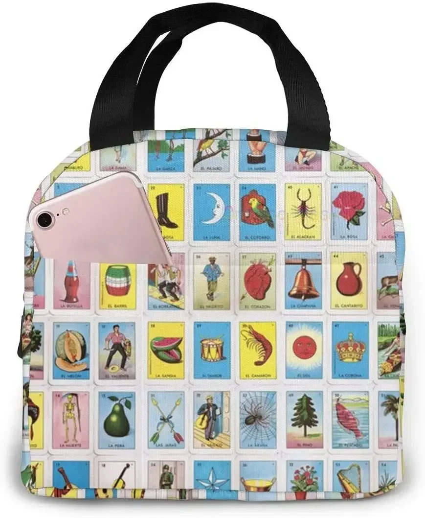 Colorful Mexican Loteria Cards Lunch Bag for Women Girls Kids Insulated Picnic Pouch Thermal Cooler Tote Bento Cute Bag