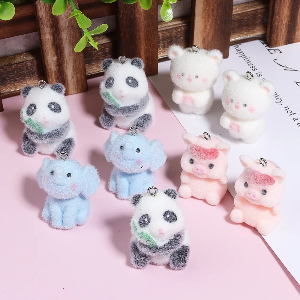 20Pcs 3D Mini Panda Elephant Pendant 3D Fluffy Flocked Animal Charms Wholesale Keychain Necklace Pendant DIY Crafts Jewelry Make