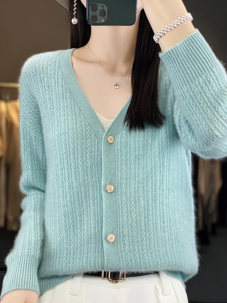 

100% Merino Wool Knitwear Women's Sweater Cardigan V-neck Cashmere Twist Flower Long Sleeve Hollow Out Spring Autumn Clothes Top