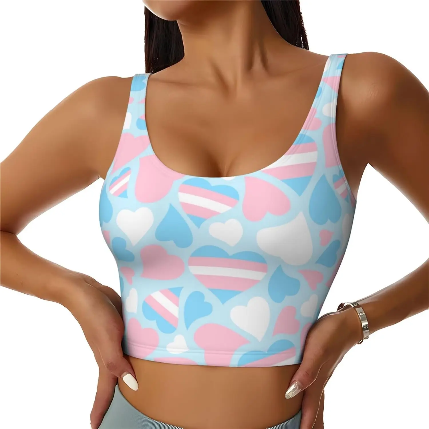 Pink and Blue Hearts Pride Sports Bras for Women, U Back Womens Tank Tops with Removable Pads for Yoga, Gym, Running Etc.