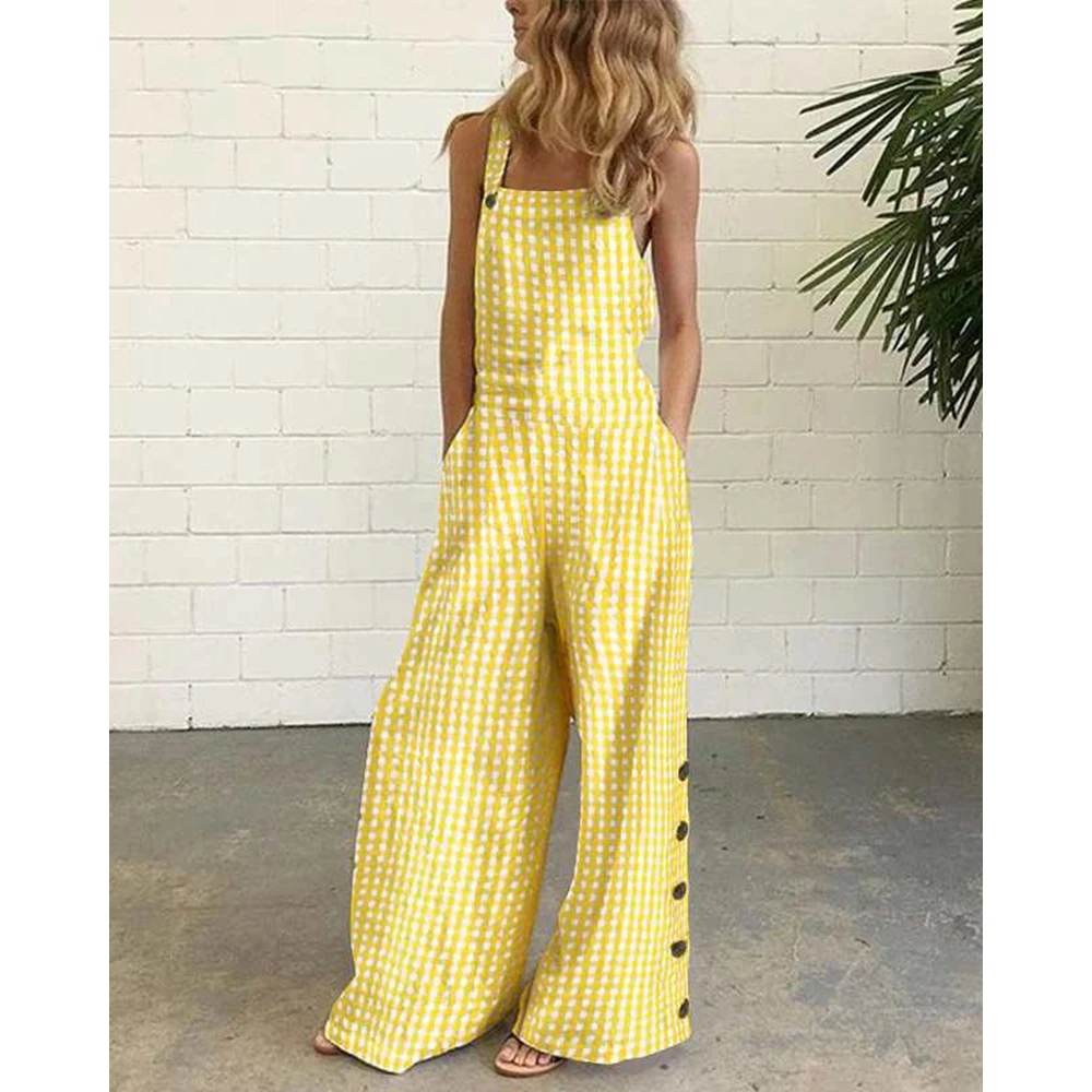 

Women All Over Plaid Print Suspender Jumpsuit Summer Buttoned Wide Leg Elegant Jumpsuit Casual One Piece Party Overalls Clothing
