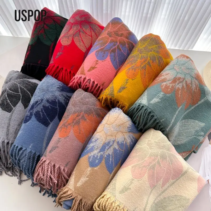 USPOP Large Wide Thick Cashmere-Feel Double-Sided Scarf Shawl with Tassels for Women Autumn Winter Elegant Neck Warmer Wrap