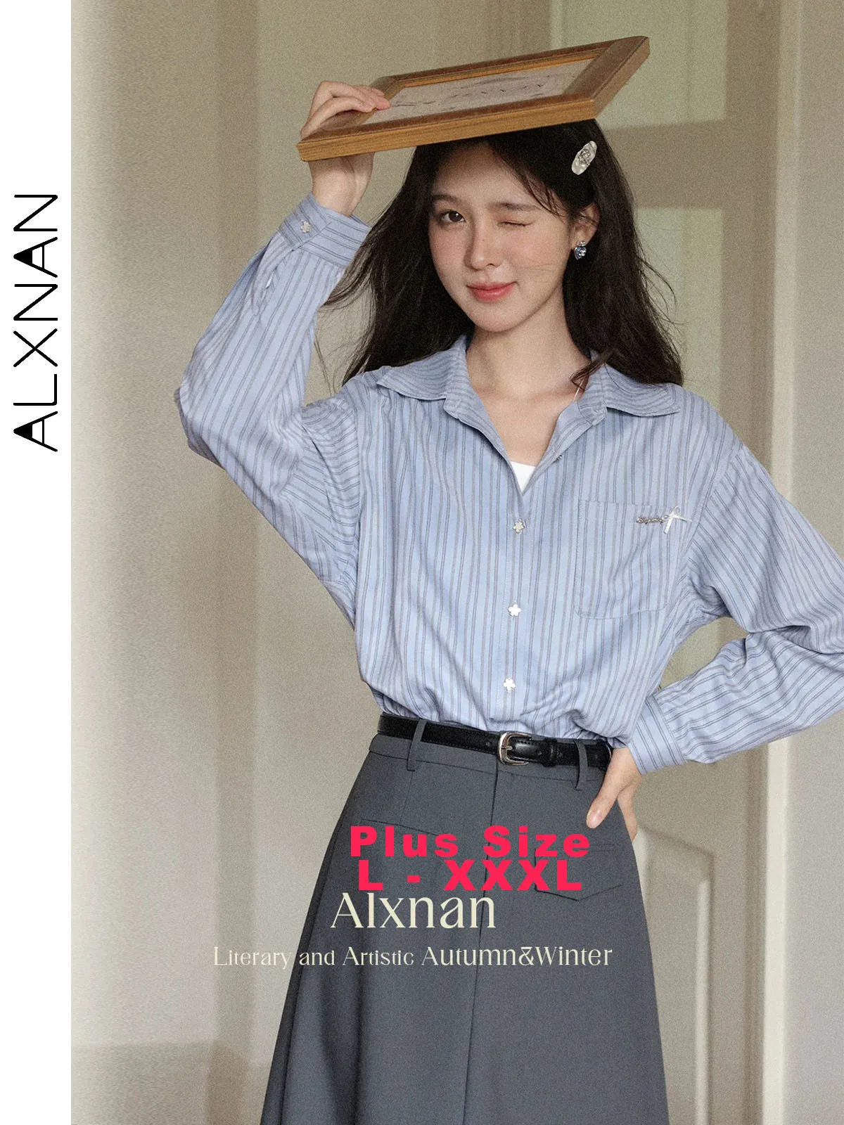 

ALXNAN Plus Size Shirt Blue Striped Polo Collar Women's Shirts Long Sleeve Office Lady Loose-fit Korean Popular Blouse D12517