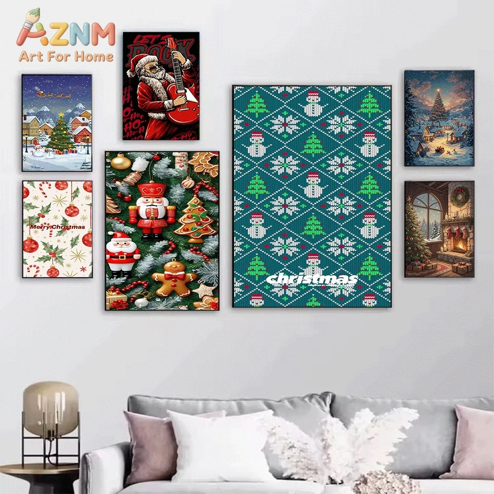 Pink Background Reindeer Gingerbread Man Santa Christmas Canvas Wall Art Print Poster Unframed Canvas Painting Home Living Roo