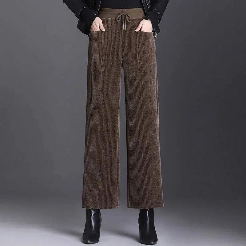 Pantalones elásticos de cintura alta con bolsillos para mujer, Pantalones rectos de terciopelo, pierna ancha, longitud hasta el tobillo, moda de otoño e invierno, nuevo