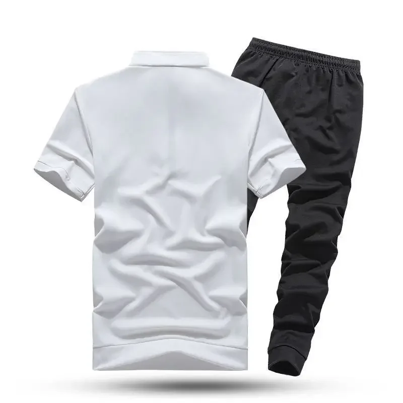 Sweatsuit Nylon Man Trousers Sets Tracksuit White T-shirts Pants Suits for Men Sweatshirts Stylish Short Quarter Sleeve Casual S