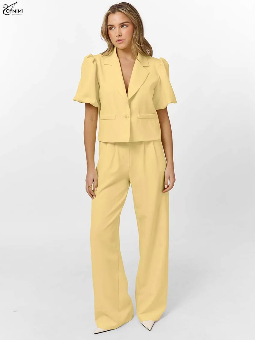 

Oymimi Fashion Yellow Two Piece Outfits Woman Casual Lapel Short Sleeve Single Button Shirts And High Waist Straight Pants Sets