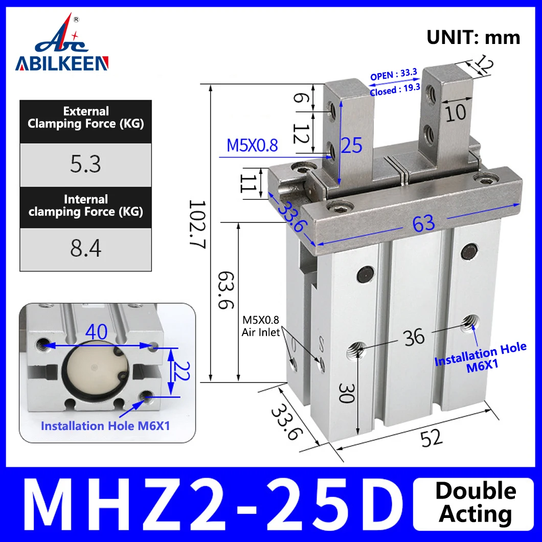 ABILKEEN MHZ2-25D Parallel Claw Pneumatic Claw Mechanical Finger Cylinder 10MM Bore Size Double Acting Pneumatic Cylinder