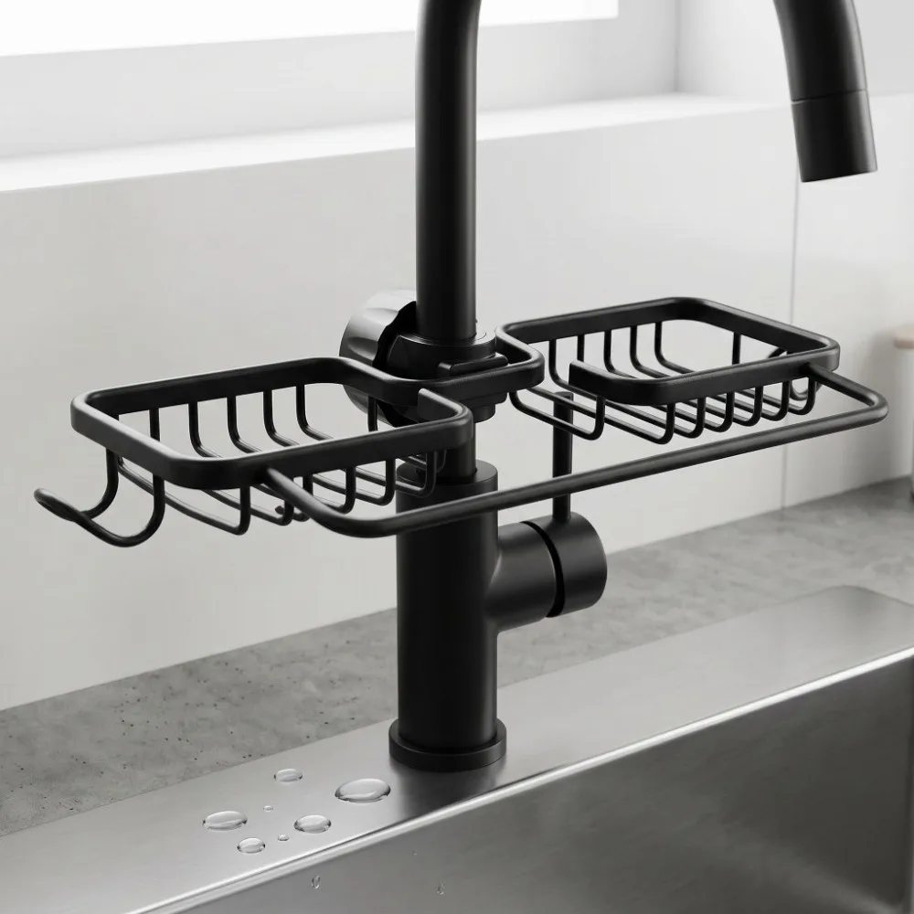 Aluminum Plastic Sink Shelf Adjustable Silver Black Gold Hanging Rack Practical with Towel Rod Sink Organizer Rack