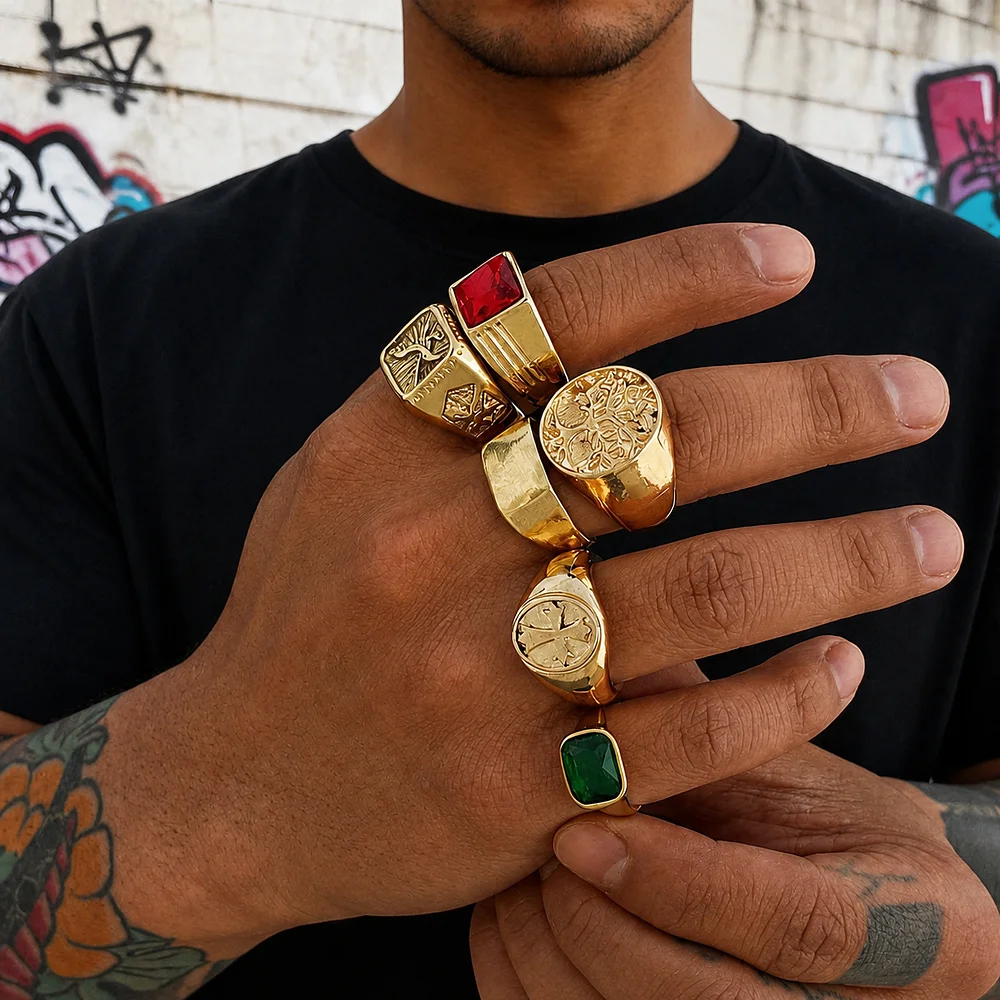 6PCS Cross Life Tree Eagle Ring For Men Red Green Stone Signet Gold Color Embossed Jewelry Bold Urban Statement Style