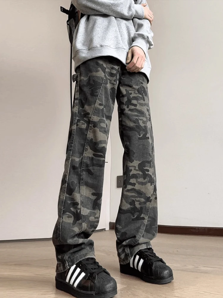 

Мужские джинсы American Vibe с камуфляжным принтом, летние, в стиле High Street, винтажные, прямые, расклешенные, из денима