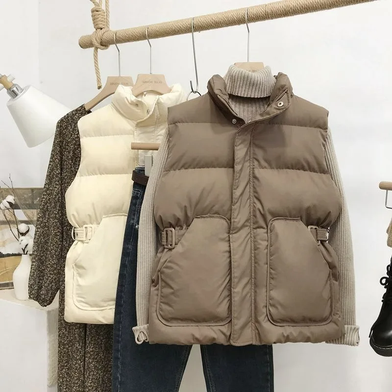 

2023 Autumn Winter New All-match Coats Stand Neck Single-breasted Vintage Vest Puffer Jacket Slim Waist High Street Bread Parkas