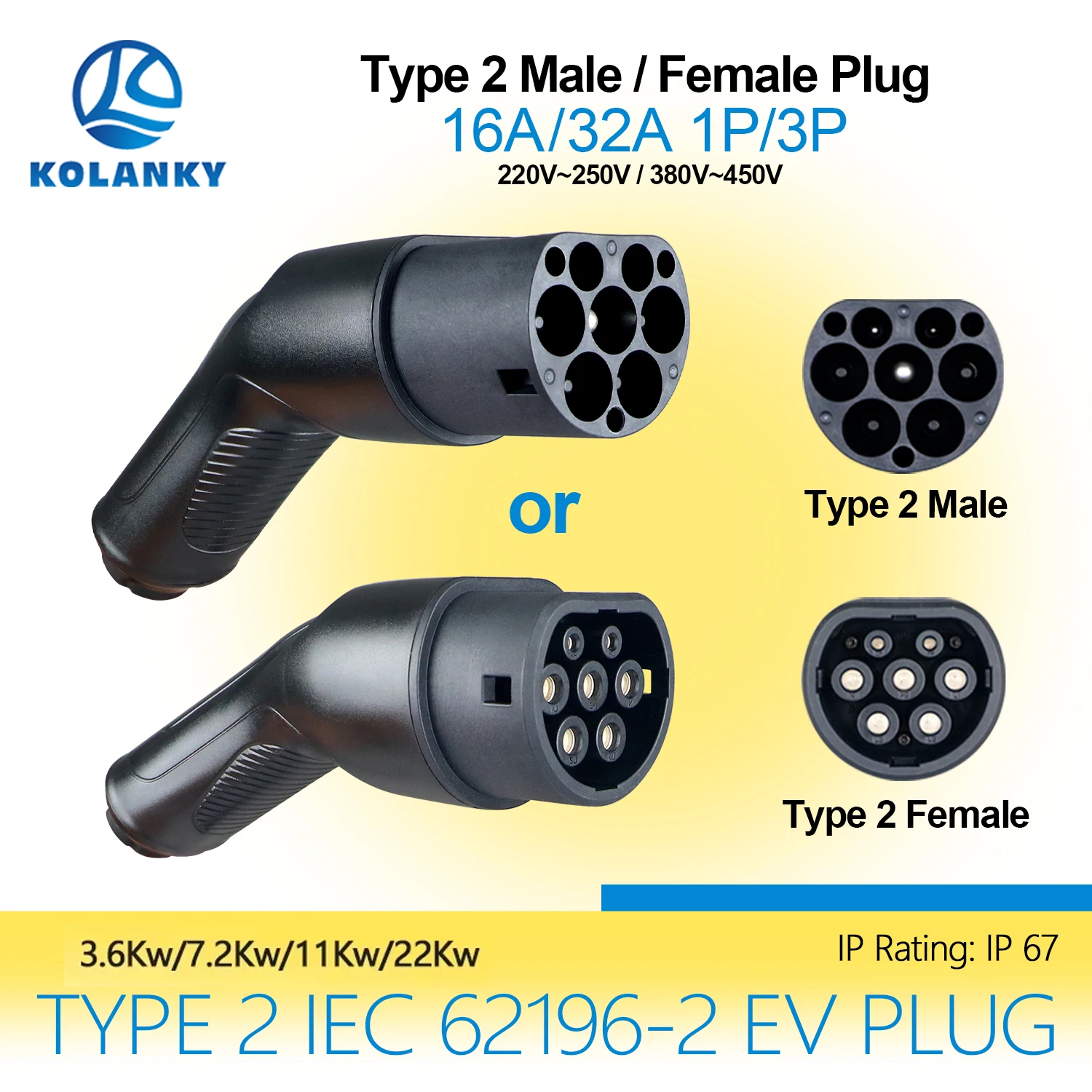 

16/32A 3,6/7,2/11/22 кВт Тип 2 Адаптер зарядного устройства для электромобилей IEC 62169 «папа/гнездо» для зарядной станции и разъема для электромобилей