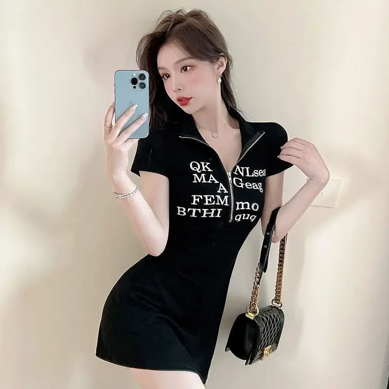 Zipper Short Female Dresses 2024 Black Mini Women's Dress Clothing Bodycon Tight Loose Hot X Harajuku Summer Luxury One-piece G