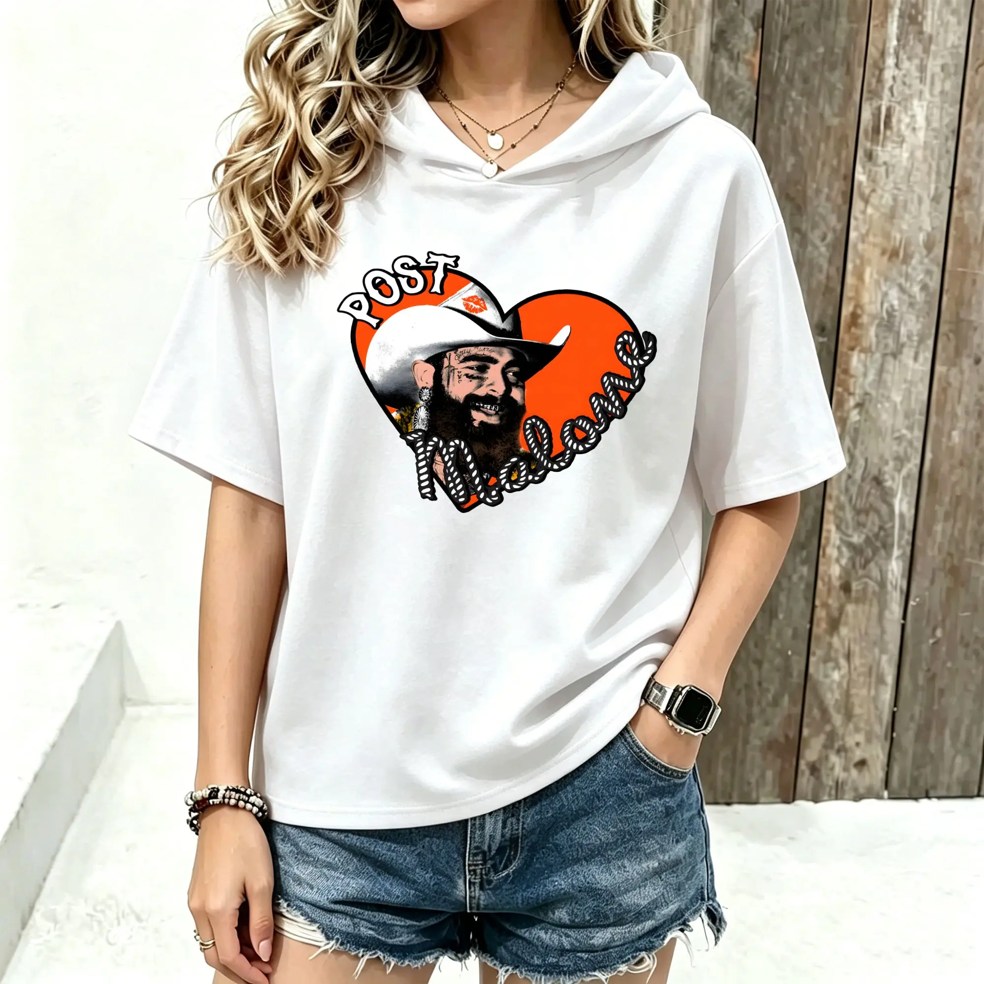Women Short Sleeve Hooded T‑Shirt Post Malone Heart Cowboy Portrait Graphic Print Spring Summer Loose Hoodie Tee Streetwear Casual Short Sleeve Hood Tops