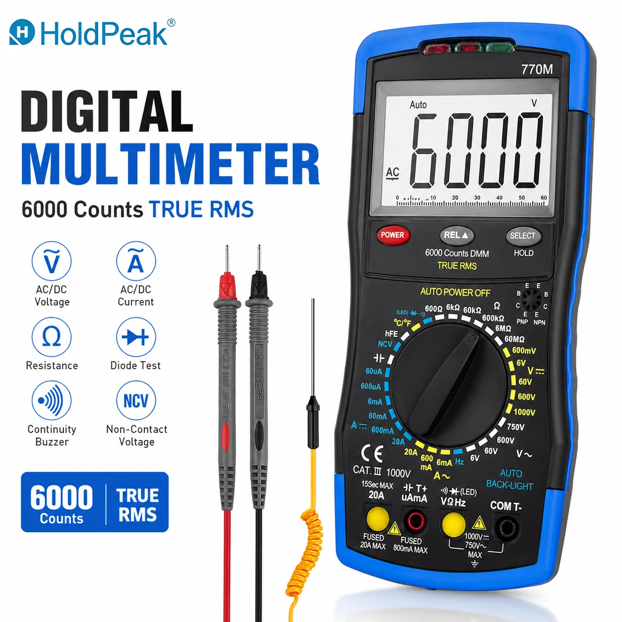 Digital Multimeter TRMS 6000 Count,Auto/Manual Ranging DMM Electrical Meter Tester for AC/DC Amp, AC/DC Volt, Ohm Capacitance
