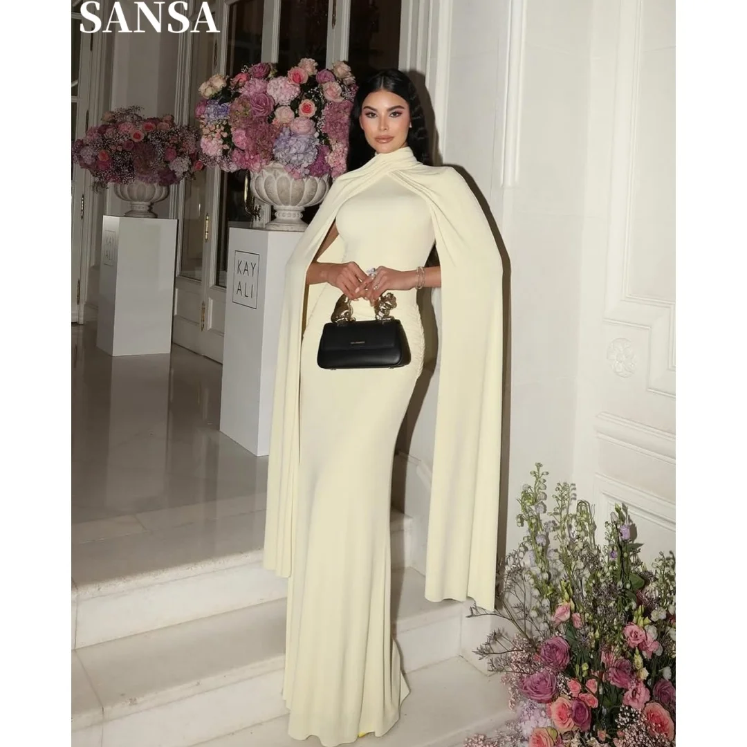 Sansa Customized Yellow Mock Neck Wrap Cape Mermaid Formal Gown Elegant Long Cloak Sleeve Bodycon Evening Wedding Guest Dress