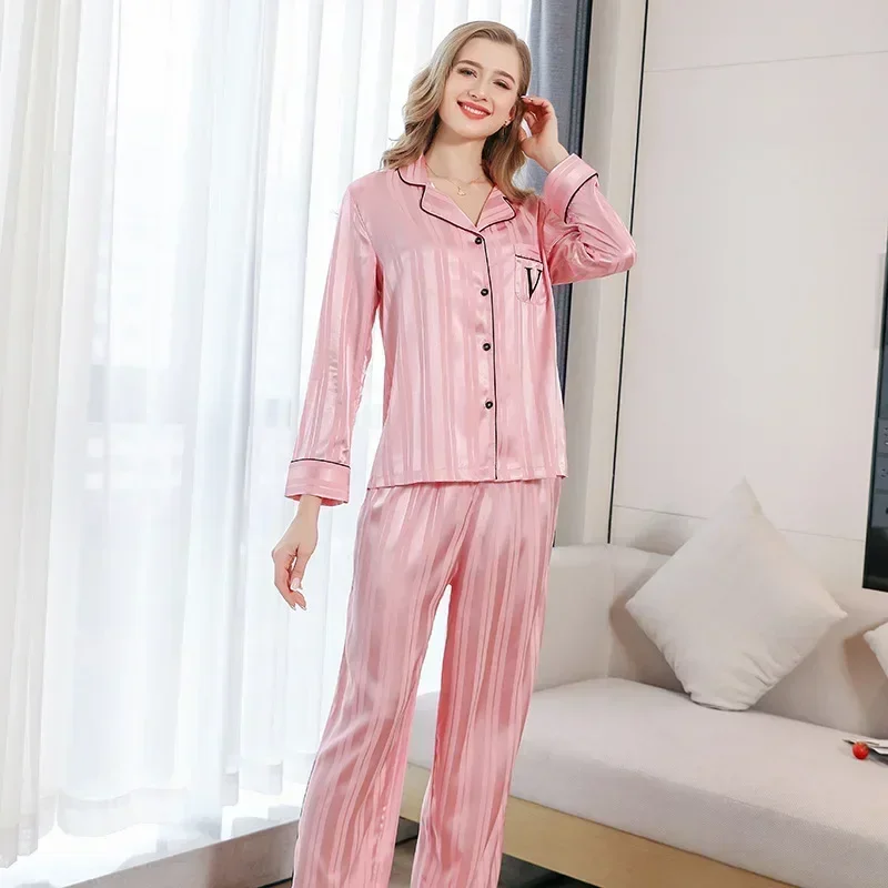 Secret the same pink striped jacquard striped pajamas women's long-sleeved trousers set loungewear