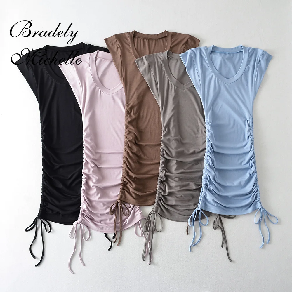 

Summer Dress Women 2022 Pullover Solid Round Neck Sleeveless High Waist Drawstring Mini Dress Sheath Sexy Vestidos