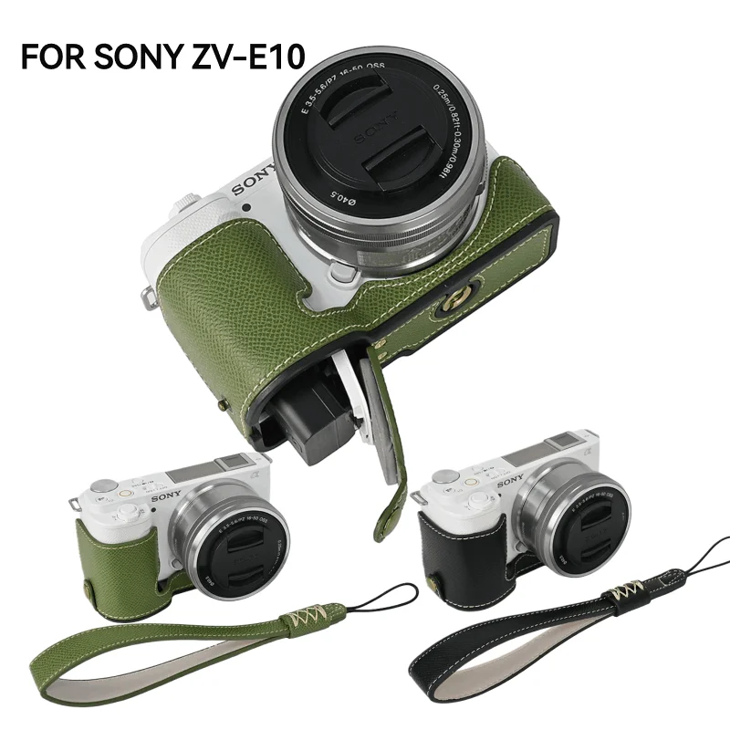 Funda de cuerpo de media Base con patrón de lichi de cuero genuino para Sony ZV-E10 PU, funda protectora para cámara de cuero aceitado, funda protectora ZVE10