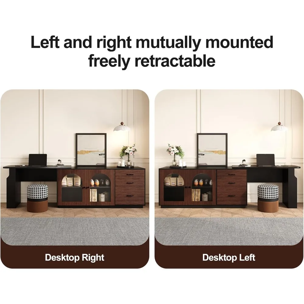 قابل للسحب على شكل حرف L 90 ° مكتب دوار (65.75 بوصة - 4.48 بوصة قابل للتعديل)، 3 أدراج وأقدام جانبية للتخزين، باب خزانة زجاجي مقوس #6