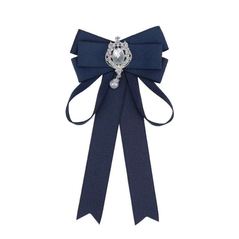 New Ribbon Bow Tie for Women Girls Rhinestone Blue Bow Blouse Collar Pin Brooch Bowknot School Student Shirts Bowtie Accessories