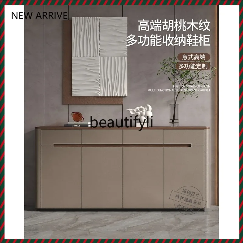 

D2520 Italian saddle leather household foyer cabinet large capacity storage porch cabinet solid wood shoe cabinet