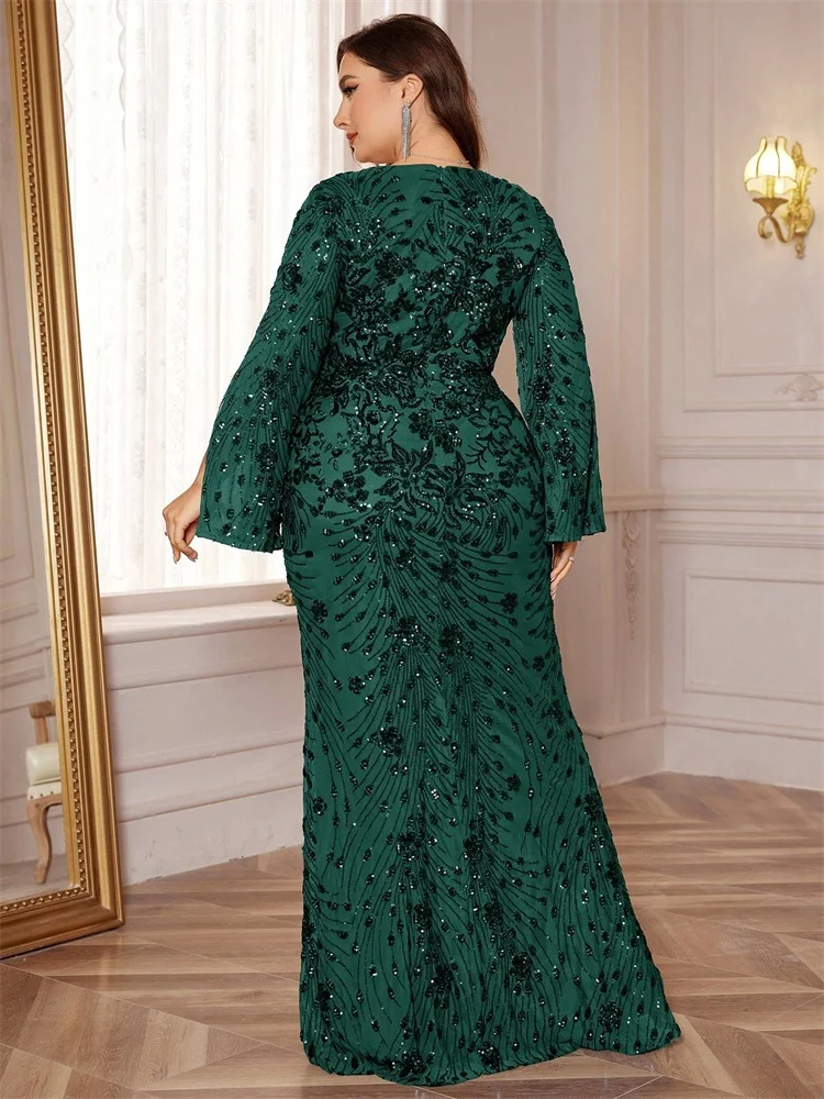 Lucyinlove Plus Größe Luxus Schwarz Abendkleider Frauen Schlitz Langarm Meerjungfrau Formale Pailletten Hochzeit Party Cocktail Kleider – Detail 26