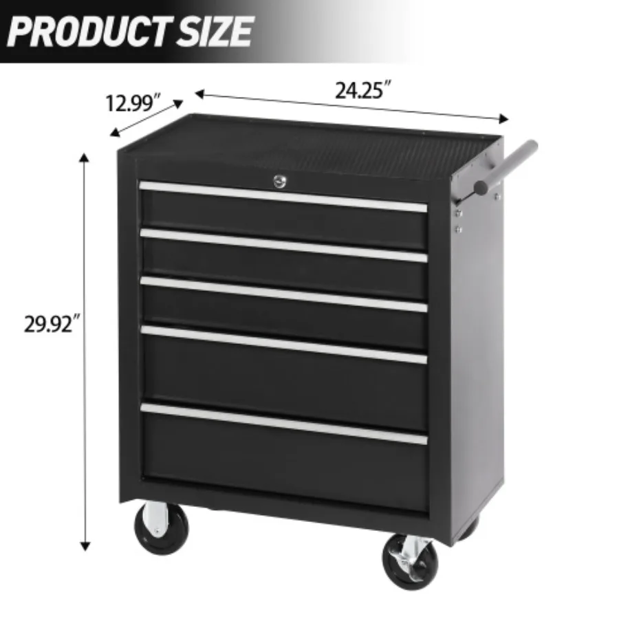 5-Drawer Rolling Tool Chest W Lock Key Tool Storage Cabinet With Wheels Top Cushion and Drawer Liners Tool Organizer Box For Ga