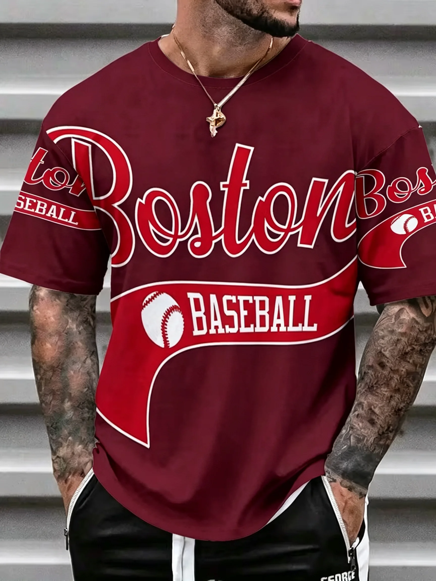 Men's retro baseball t-shirt, red and navy blue team colors with red and stripes, cool and breathable summer sports top.