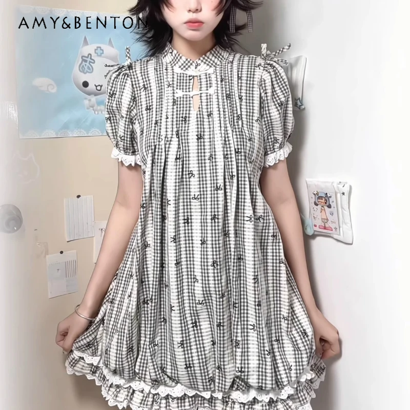 

Original Design National New Chinese Style Button Women's Clothing 2025 Autumn New Sweet Cute Lace Flower Bud Puffy Dress Ladies