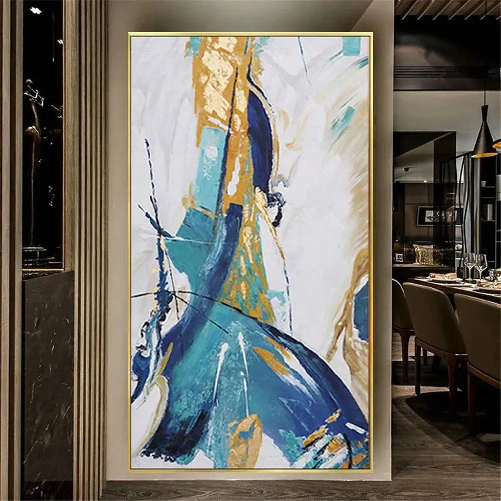 Handmade Blue Gray Yellow Abstract Oil Painting on Canvas  Textured Wall Art for Home Decor Gold Accents Modern Mural Artwork