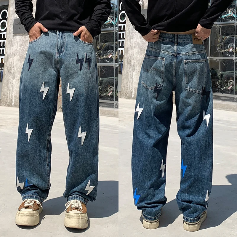 K 116801 미국 하이 스트리트 라이트닝 그라데이션 컬러 청바지 남성 트렌디 브랜드 루즈 스트레이트 와이드 레그 넷 레드 캐주얼 헌드레