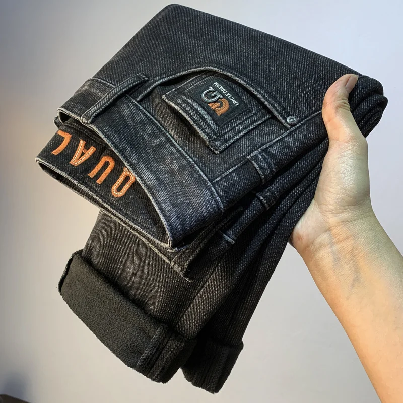 

Men's Winter New Arrival Thicken Warm Distressed Slim Fit Small Wide Leg Black Light Luxury Pants