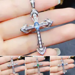 FS Natural Aquamarine/Topaz/Emerald Cross Pendants S925 Sterling Silver Fine Fashion Charm Wedding Jewelry for Women MeiBaPJ