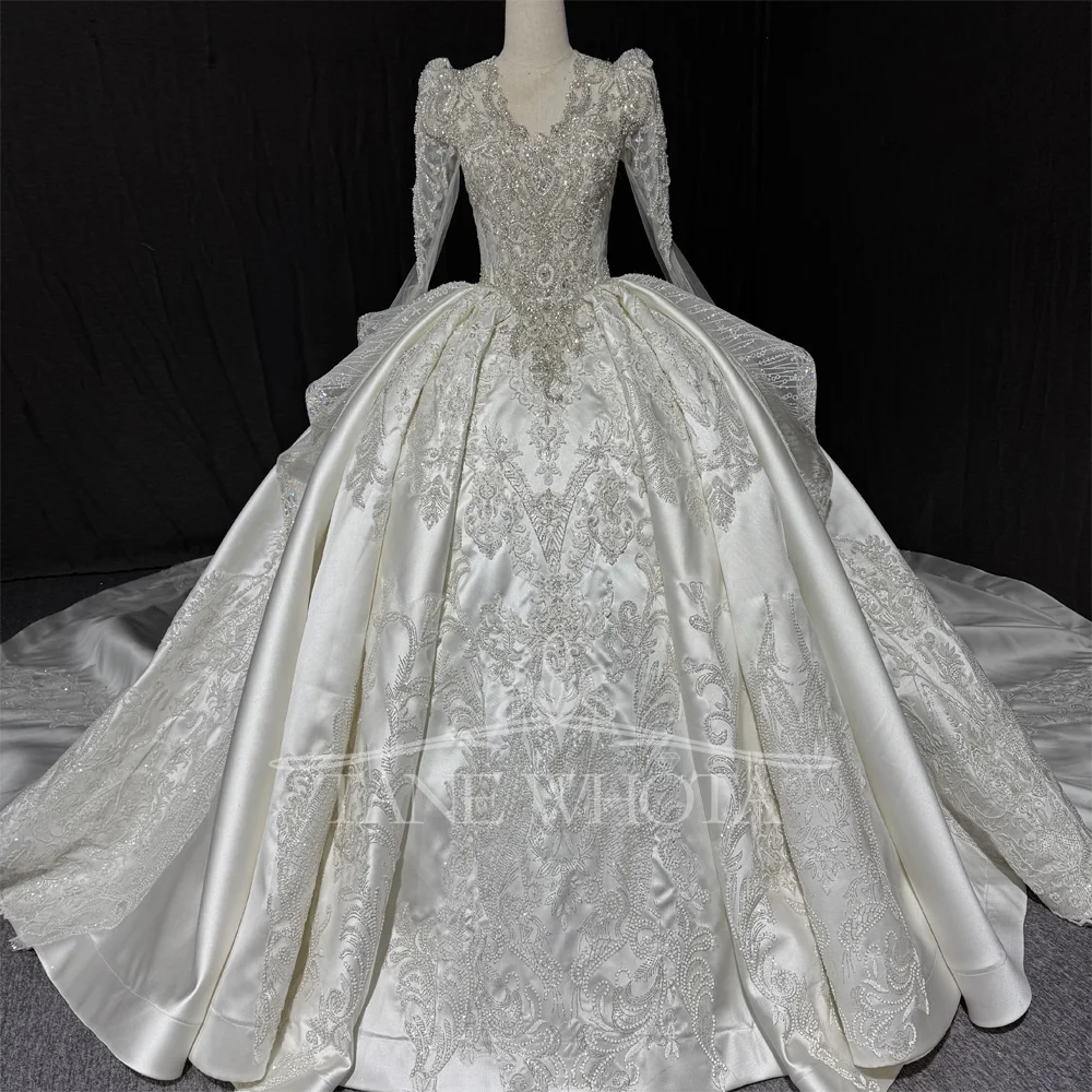 Robe de mariée de luxe à col en v, manches longues, broderie de perles, paillettes de cristal, lacets dans le dos, personnalisable