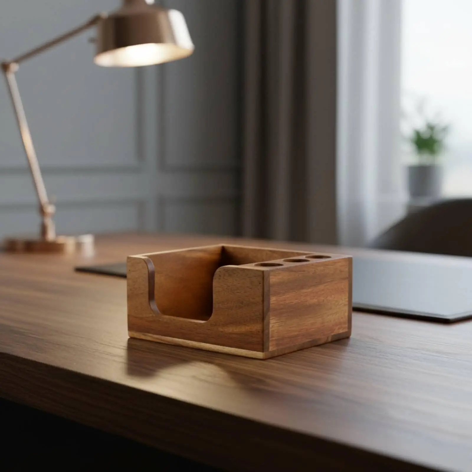 Desktop Organizer with 3 Pen Slots Multi-Functional Pen and Sticky Note Holder Hand-Polished Finish Wooden Desk Organizer for