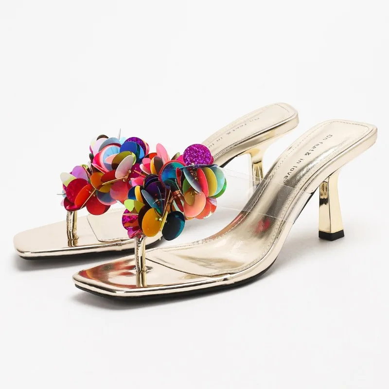 

Роскошные красочные тапочки на высоком каблуке с блестками, женские модные прозрачные шлепанцы из ПВХ, сексуальные сандалии на шпильке с открытым носком